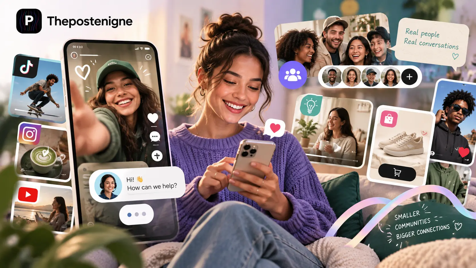 Social media user engaging with human brand content, personalized customer service, platform-native posts, social commerce, and smaller online communities in 2026.