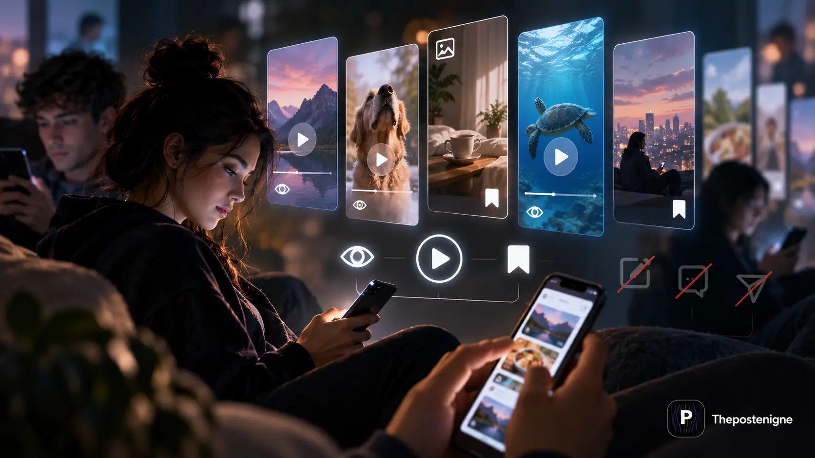 People passively consuming social media through videos, browsing, and scrolling without posting, highlighting the shift from active participation to silent content consumption.