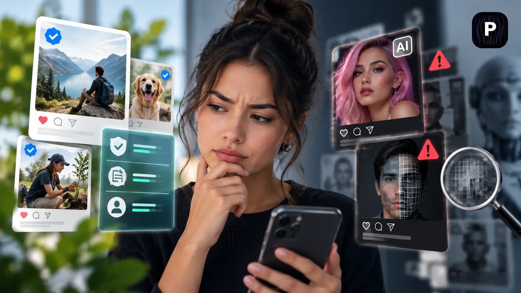 Social media user evaluating trustworthy and AI-generated content, with verification signals, warning icons, and visual cues highlighting online credibility and misinformation risks.