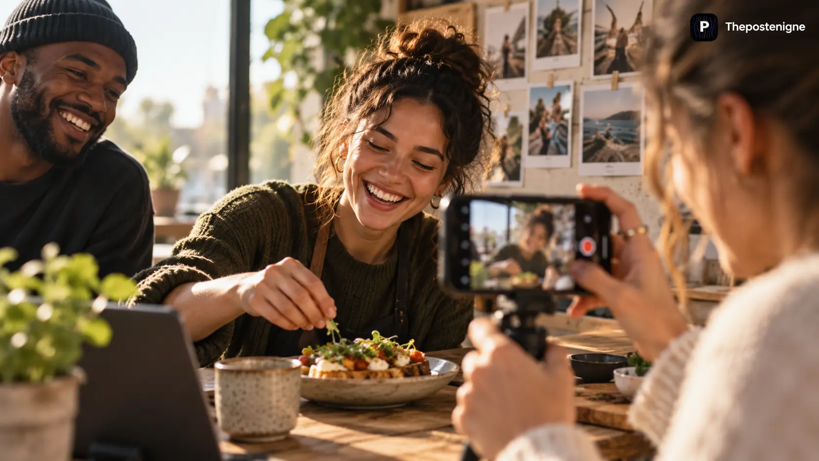 Real people creating authentic social media content together, showing behind-the-scenes moments, genuine reactions, human storytelling, and relatable brand experiences.