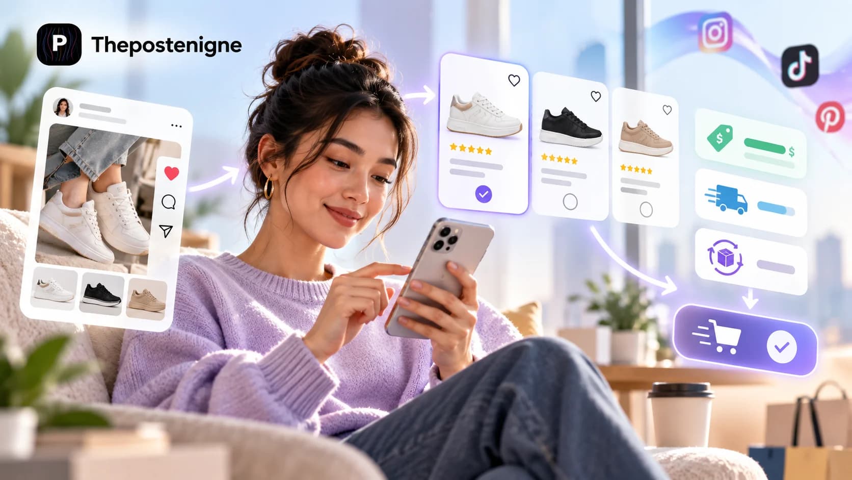 Social media shopping journey showing product comparison, clear pricing, delivery details, returns, and a streamlined path from discovery to purchase.