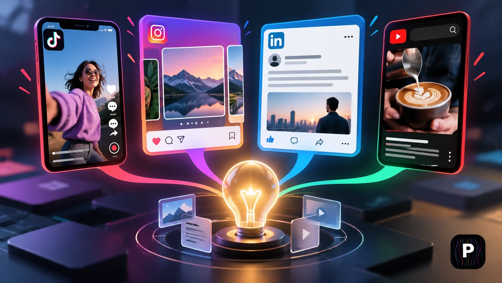 One social media idea adapted into platform-native content for TikTok, Instagram, LinkedIn, and YouTube, showing different formats, visuals, and audience experiences.