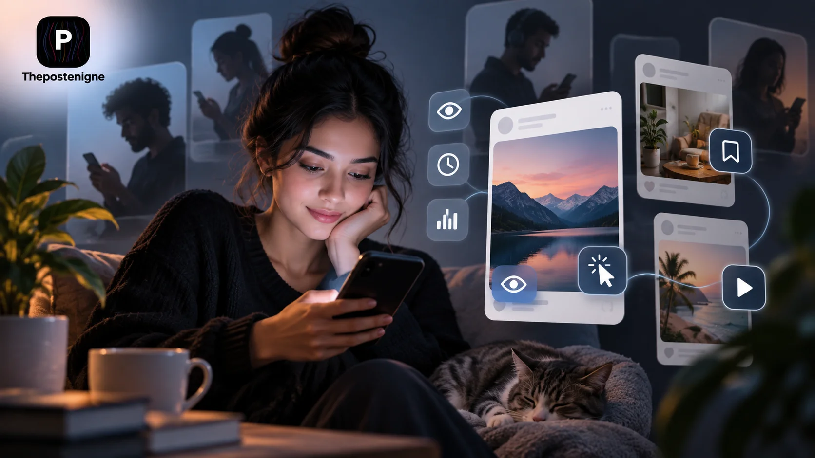 Passive social media user quietly scrolling content, with visual signals for views, saves, watch time, clicks, and browsing behavior without public posting or commenting.