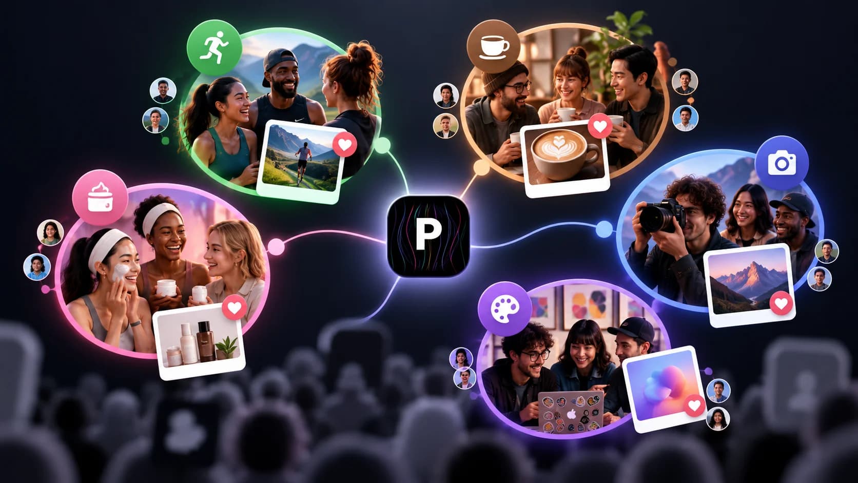 Micro-communities connected around niche interests such as fitness, beauty, coffee, photography, and creative work, showing targeted social media content for highly relevant audiences.
