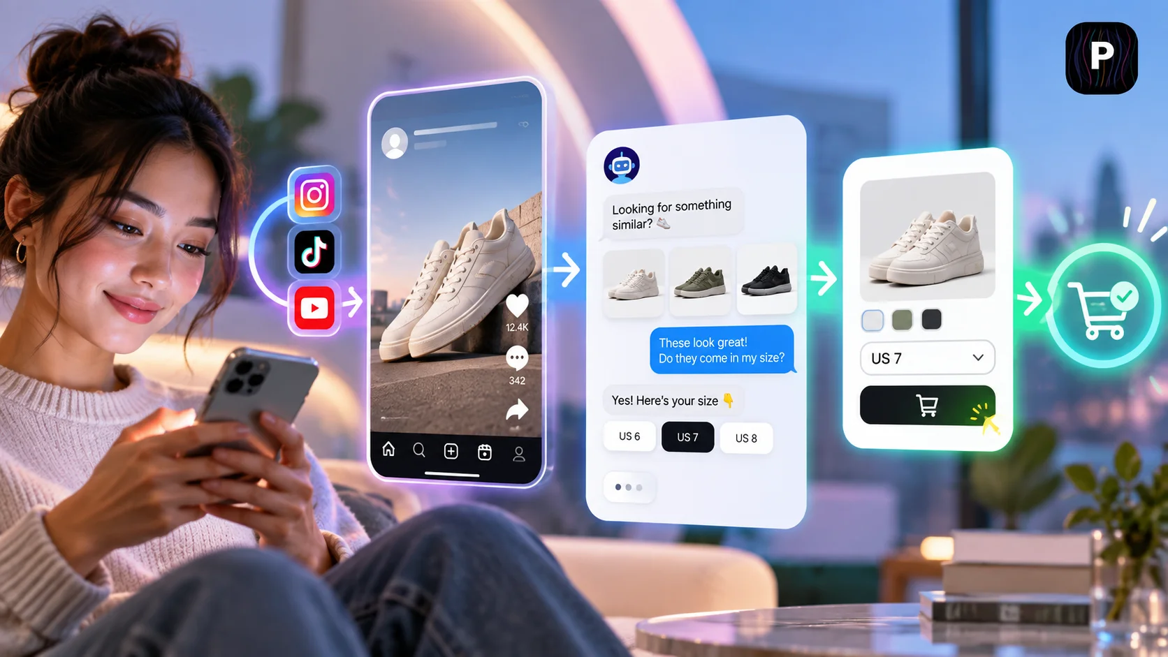 Scroll-to-chat-to-cart customer journey showing social media discovery, product conversations, personalized recommendations, and a seamless path to purchase.