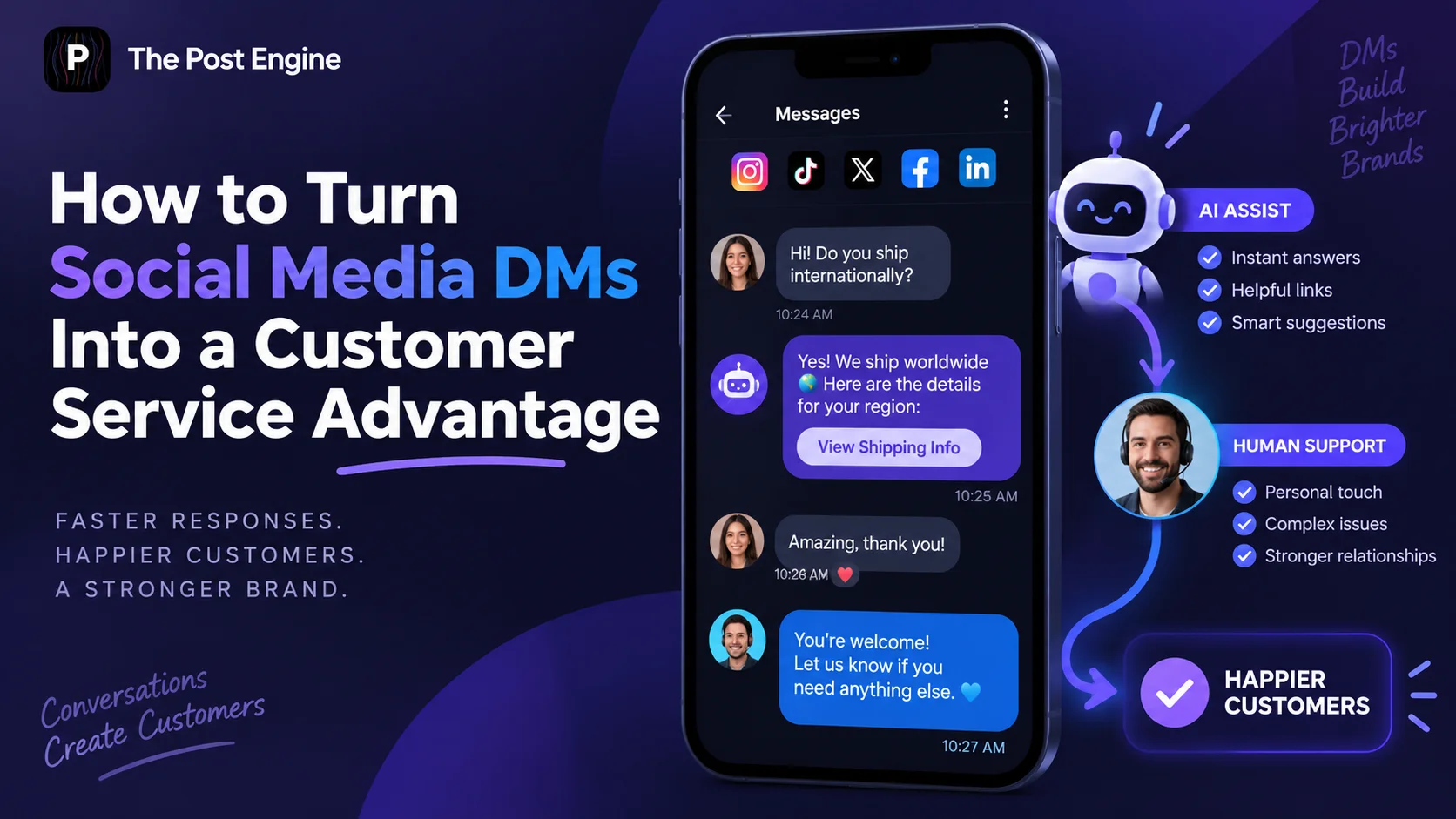 Social media DMs used for customer service with AI-assisted replies, human support, faster responses, product questions, and personalized customer care.