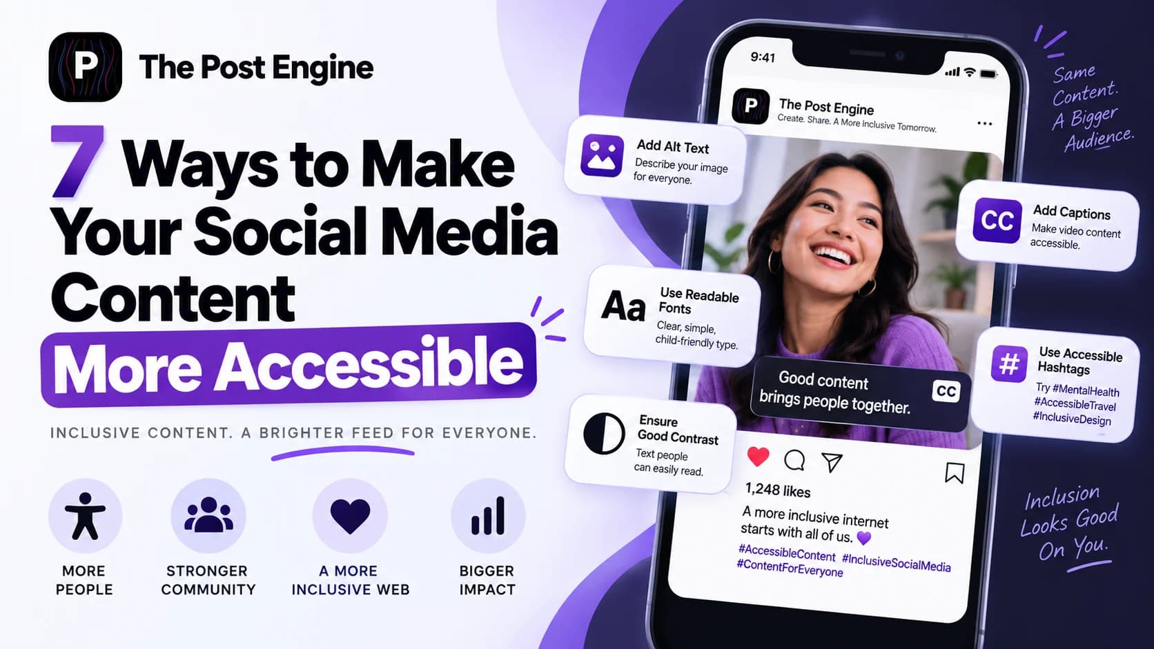 Accessible social media content showing alt text, video captions, readable fonts, strong color contrast, inclusive hashtags, and accessible design best practices.