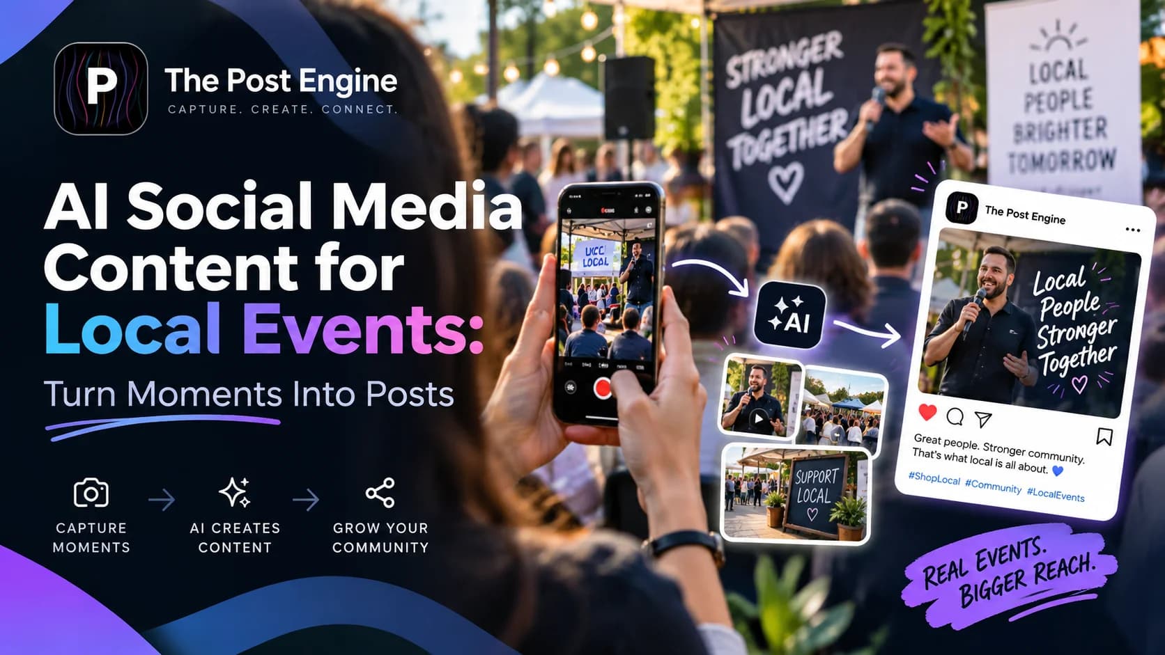 AI social media content for local events showing event moments transformed into branded posts, short videos, Stories, and community-focused social content.