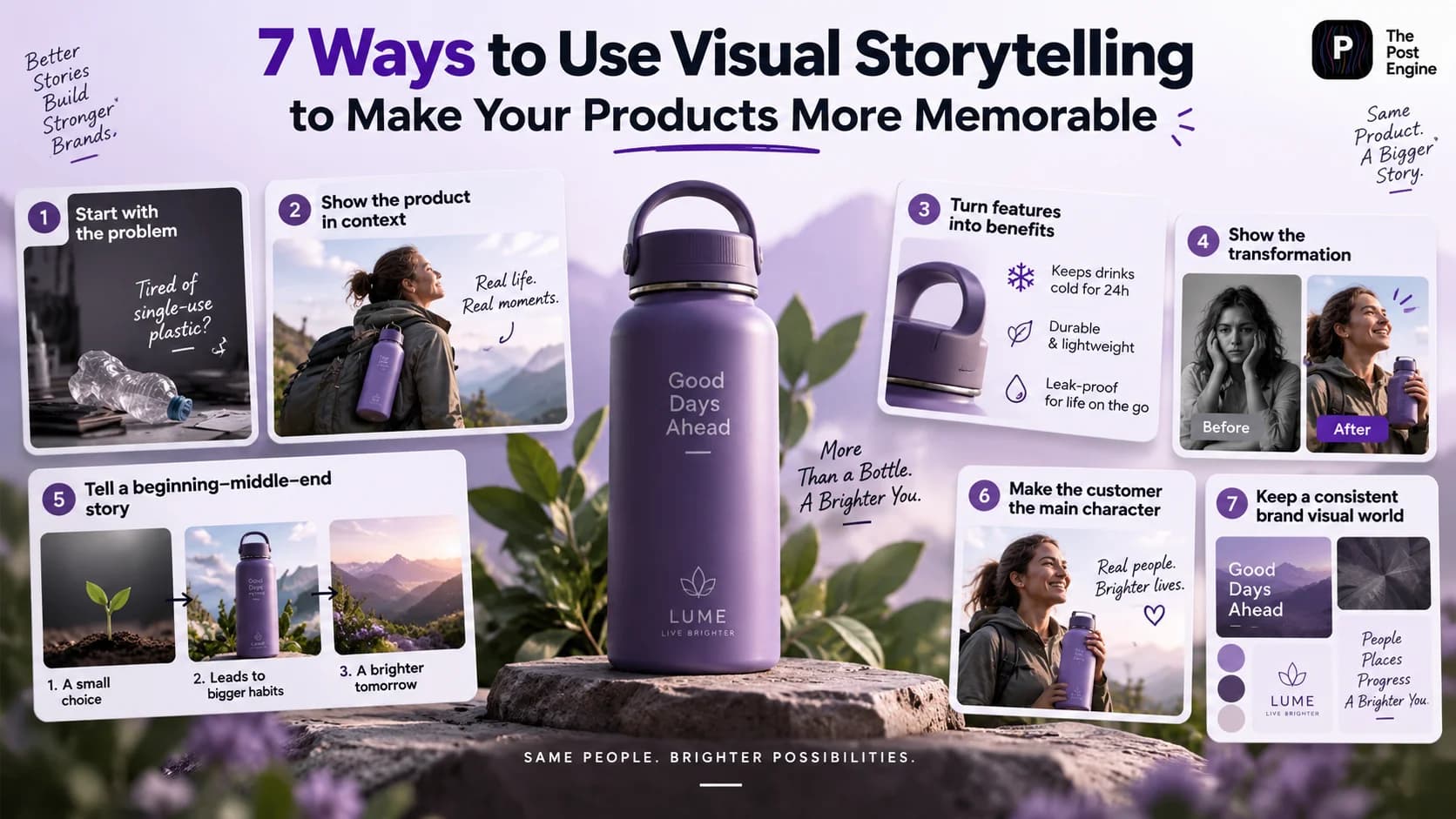 Visual storytelling for products showing problem-solution, product-in-context, benefits, before-and-after transformation, customer-focused storytelling, and consistent brand visuals.