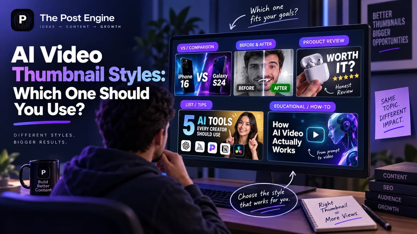 AI video thumbnail styles showing comparison, before-and-after, product review, list, and educational thumbnail formats for better YouTube video performance.