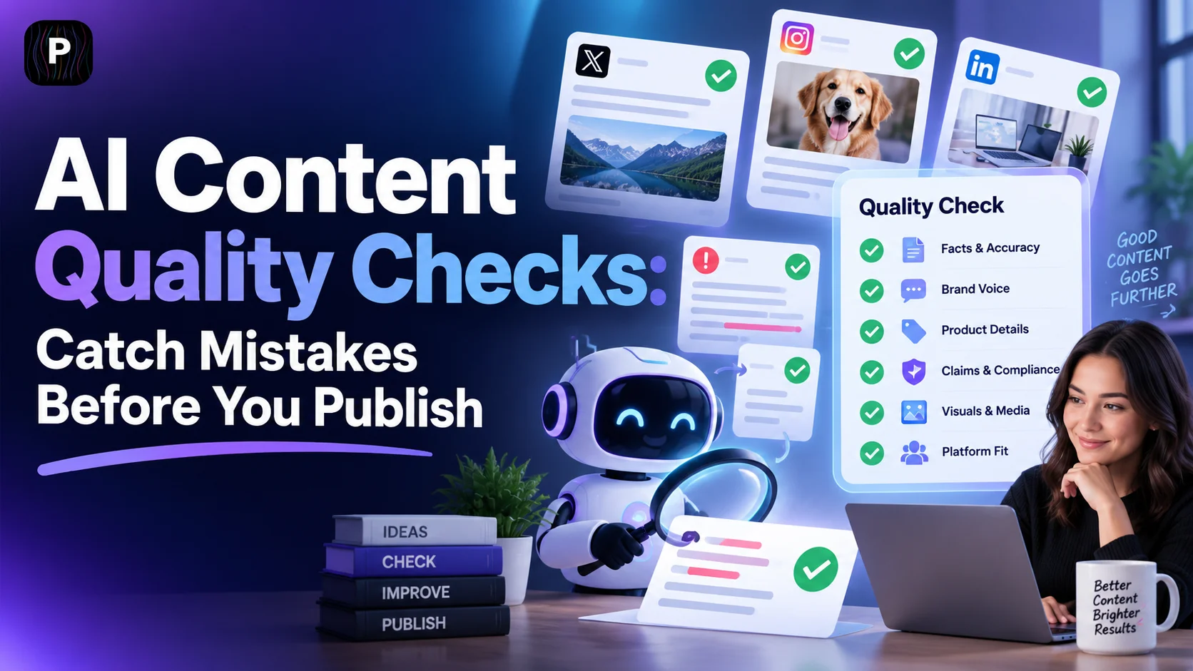 AI content quality check workflow reviewing facts, brand voice, product details, claims, visuals, and platform fit before publishing social media content.