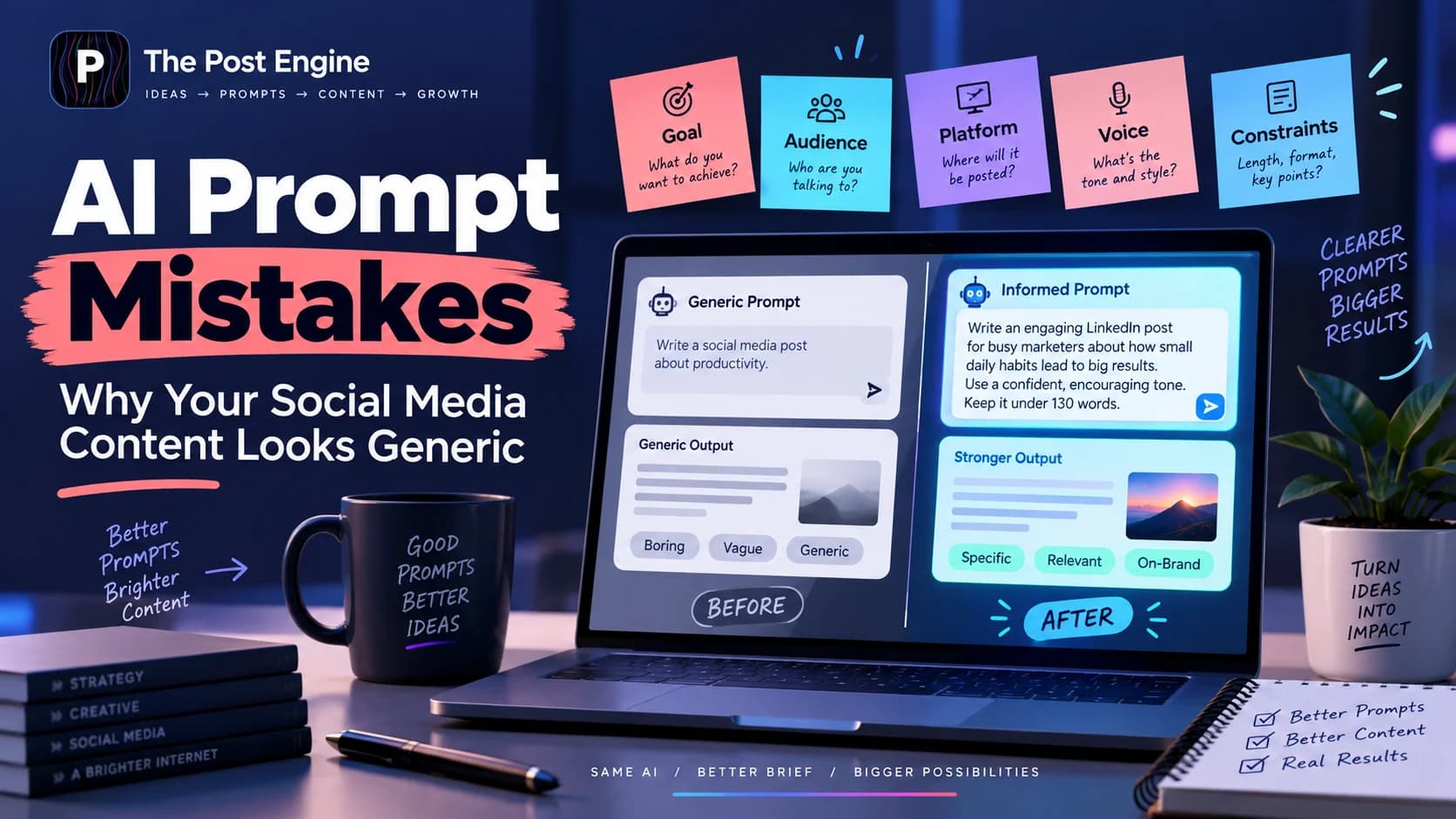 AI prompt mistakes causing generic social media content, with a comparison between vague prompts and specific on-brand prompts for better AI-generated posts.
