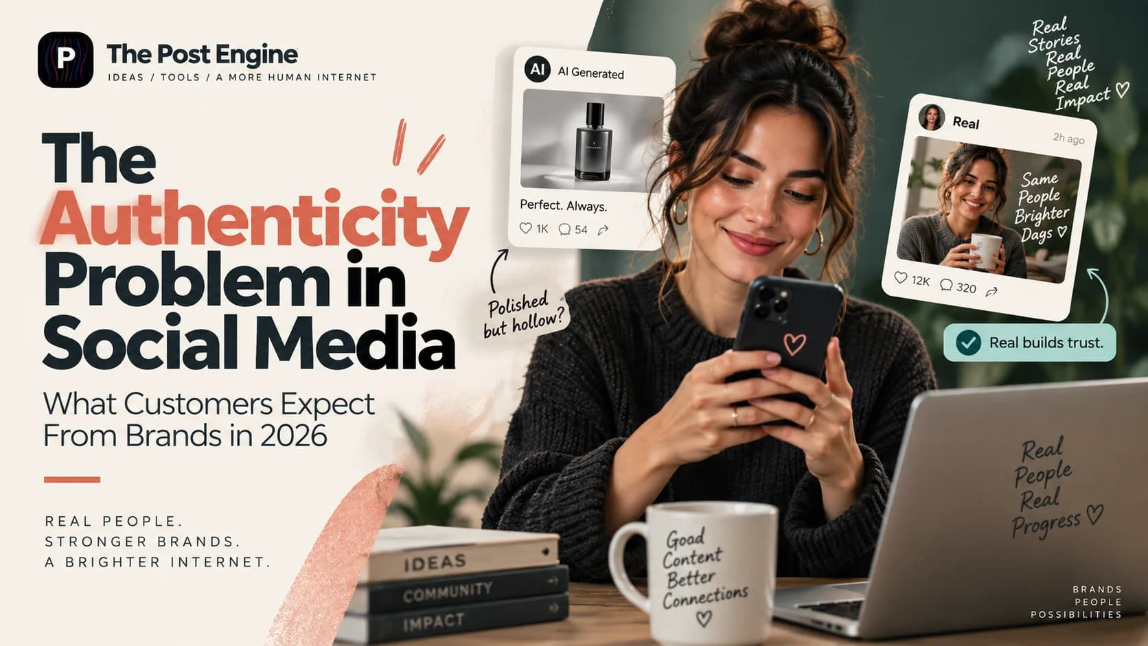 Authentic social media content showing real people, human brand interactions, AI-generated content, and trust signals that customers expect from brands in 2026.