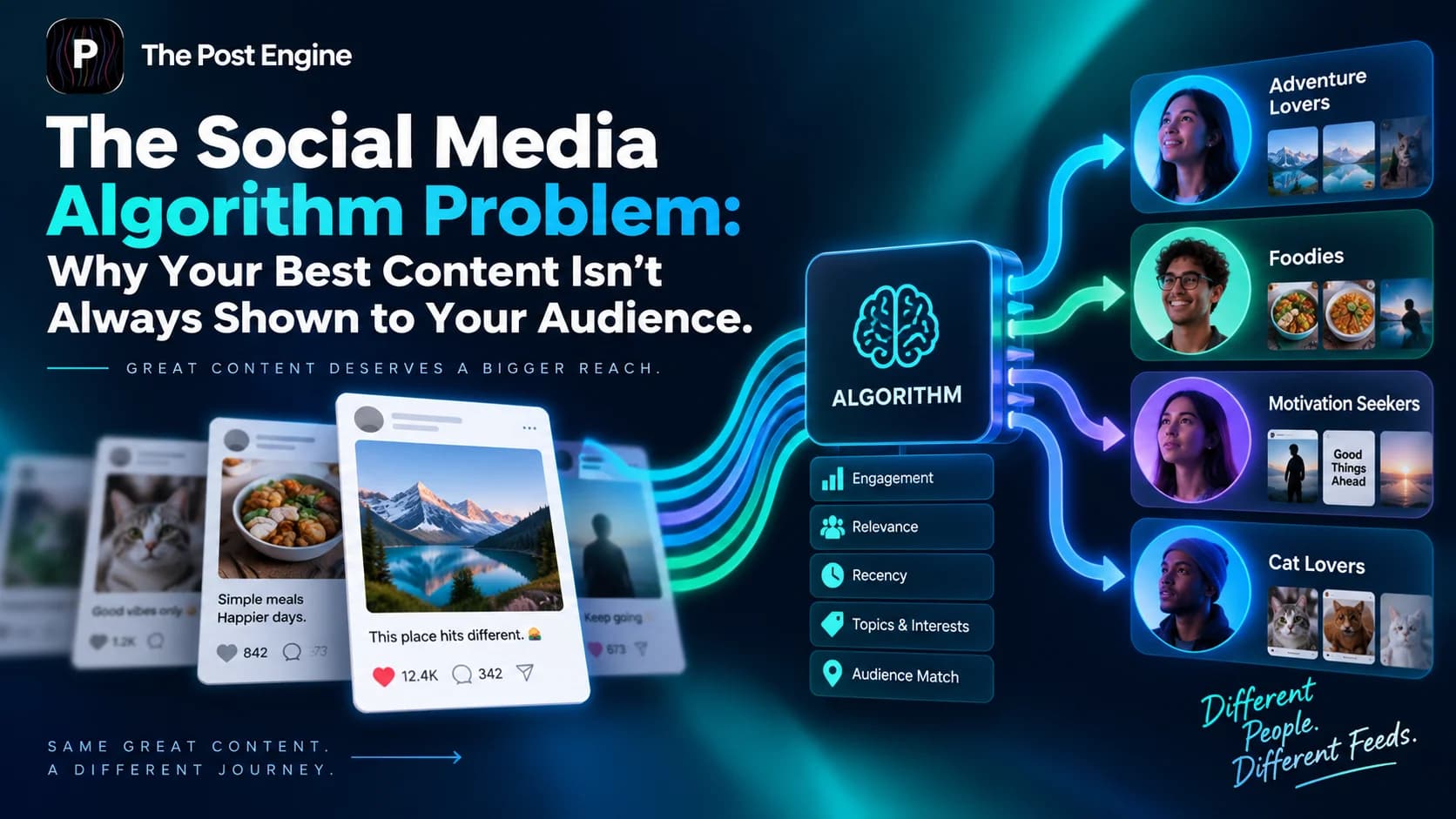 Social media algorithm showing how engagement, relevance, recency, topics, and audience match affect which content is shown to different users.