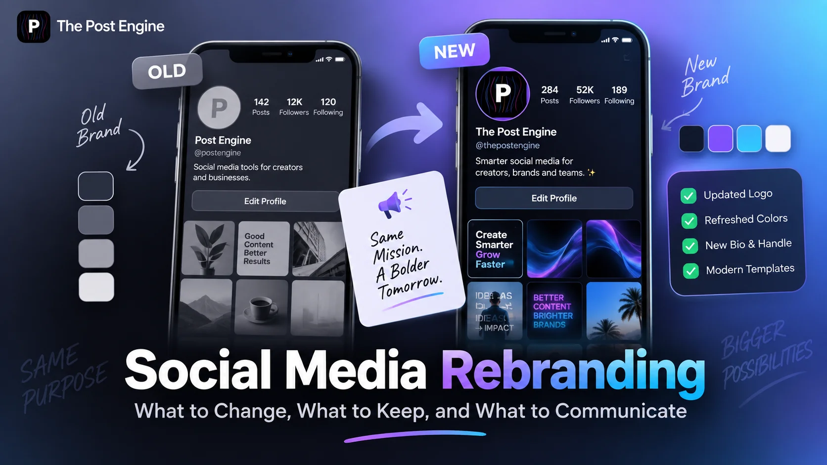 Social media rebranding showing an old and new brand profile, updated logo, colors, bio, handle, and visual identity for a consistent brand transition.