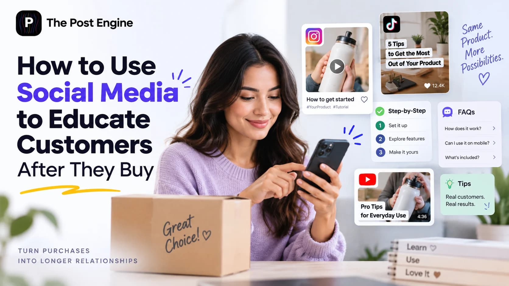 Social media customer education after purchase showing tutorials, FAQs, tips, and product guidance that help customers get more value from what they buy.