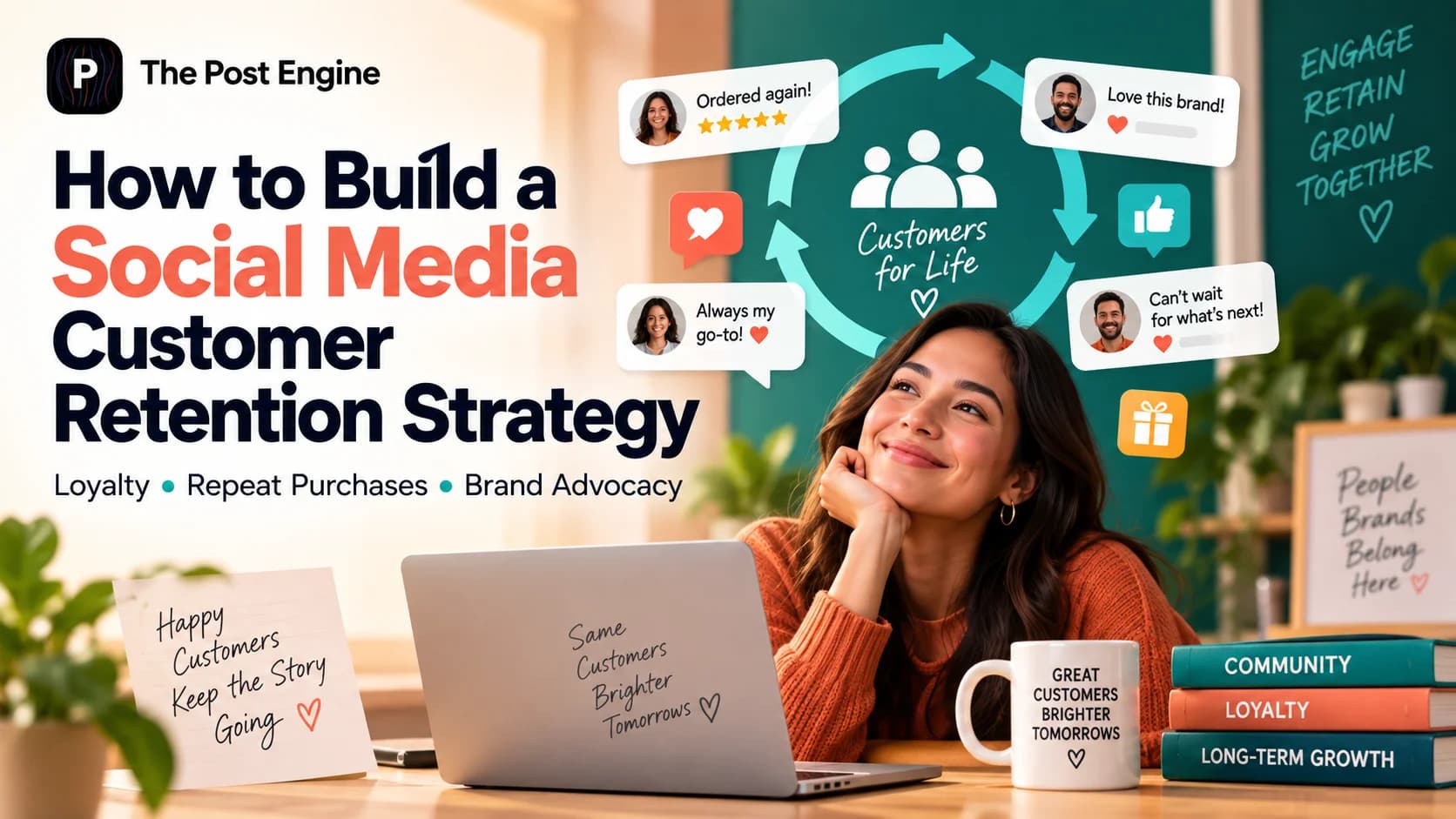 Social media customer retention strategy showing customer loyalty, repeat purchases, brand advocacy, engagement, and long-term community growth with The Post Engine.
