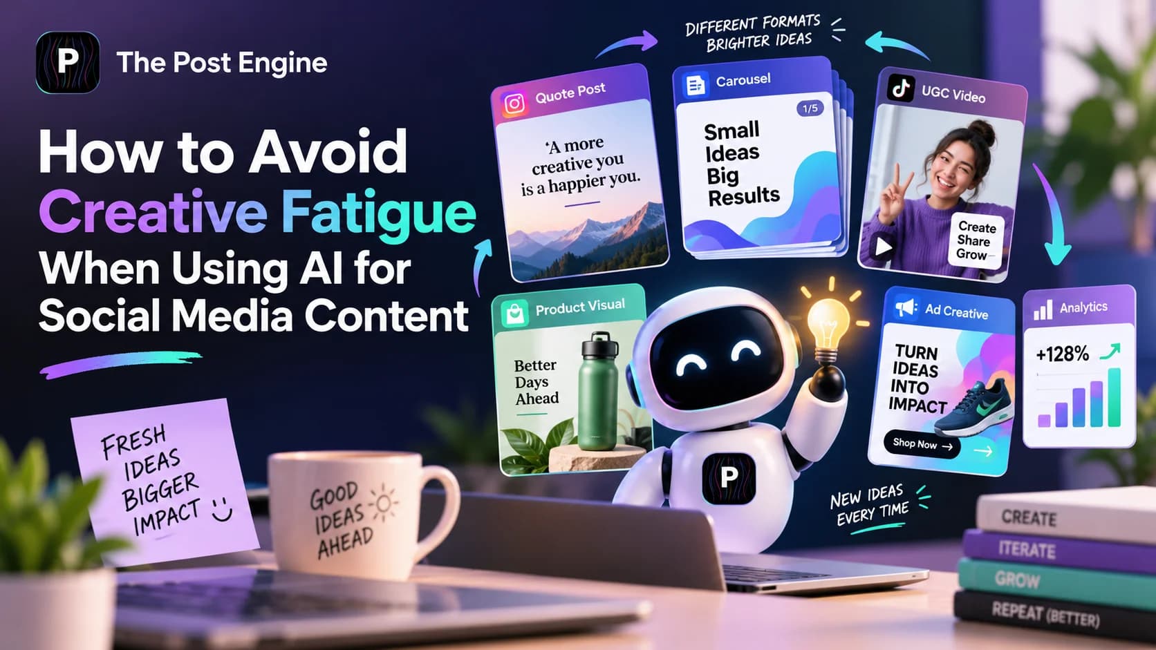 AI social media content workflow showing varied post formats, fresh creative ideas, analytics, and The Post Engine tools for avoiding creative fatigue.