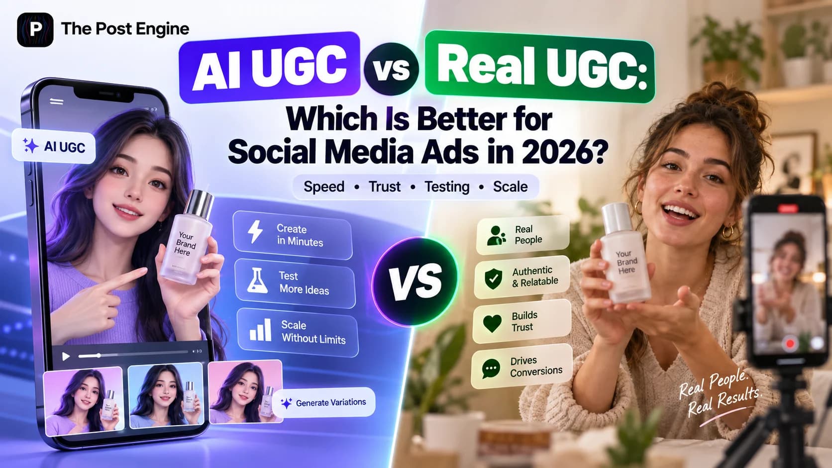AI UGC vs real UGC comparison for social media ads in 2026, highlighting speed, creative testing, scalability, authenticity, trust, and conversion potential.