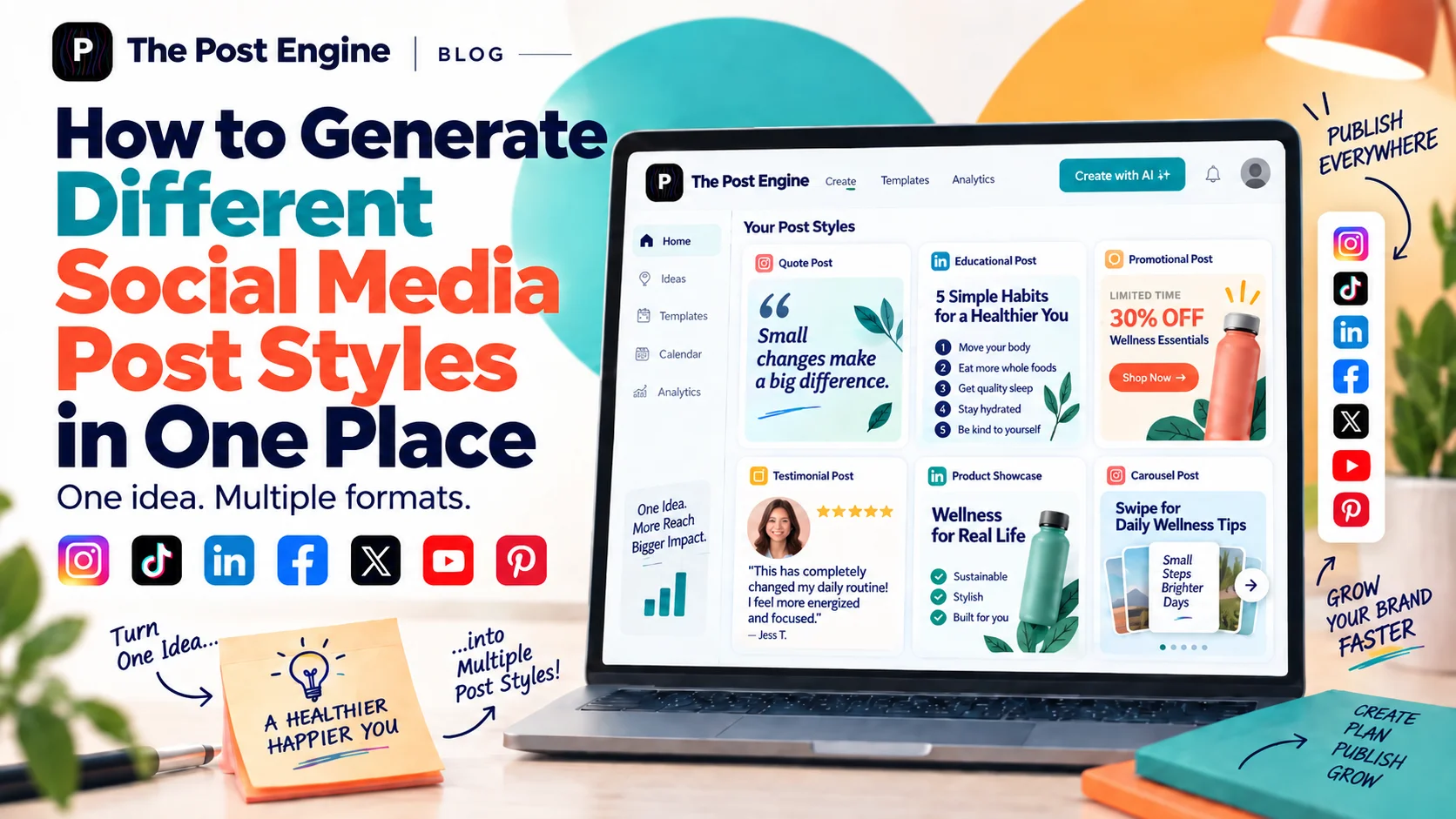 The Post Engine content studio showing multiple social media post styles generated from one idea, including quote, educational, promotional, testimonial, product, and carousel posts.