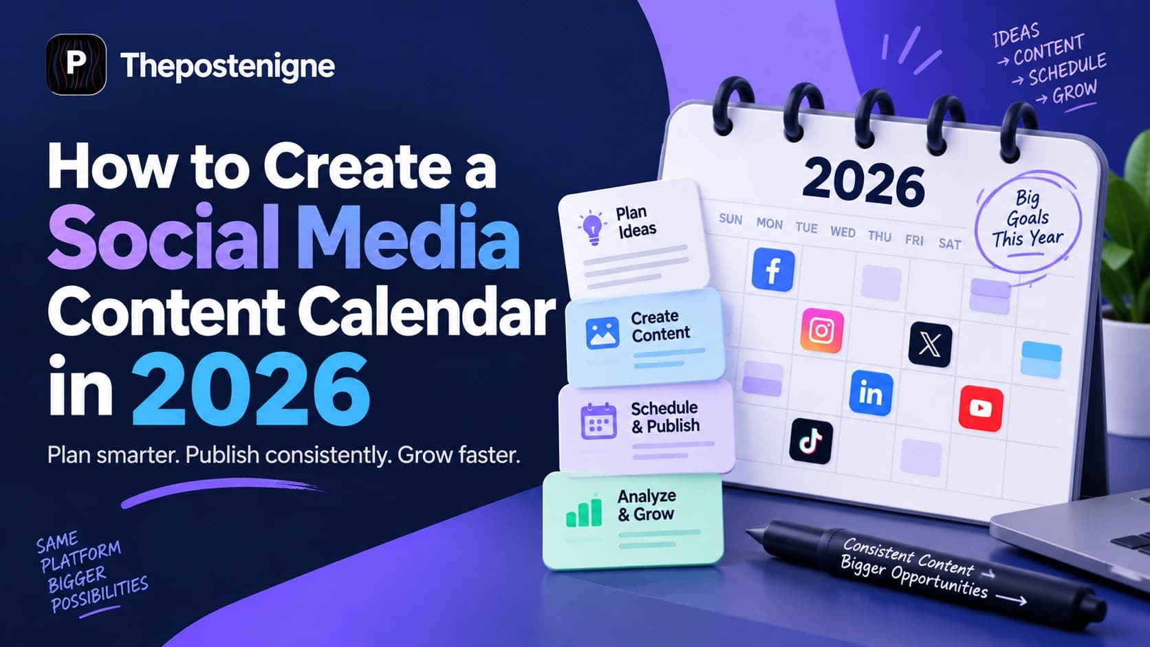 Social media content calendar for 2026 showing content planning, creation, scheduling, publishing, and performance tracking across multiple social media platforms.