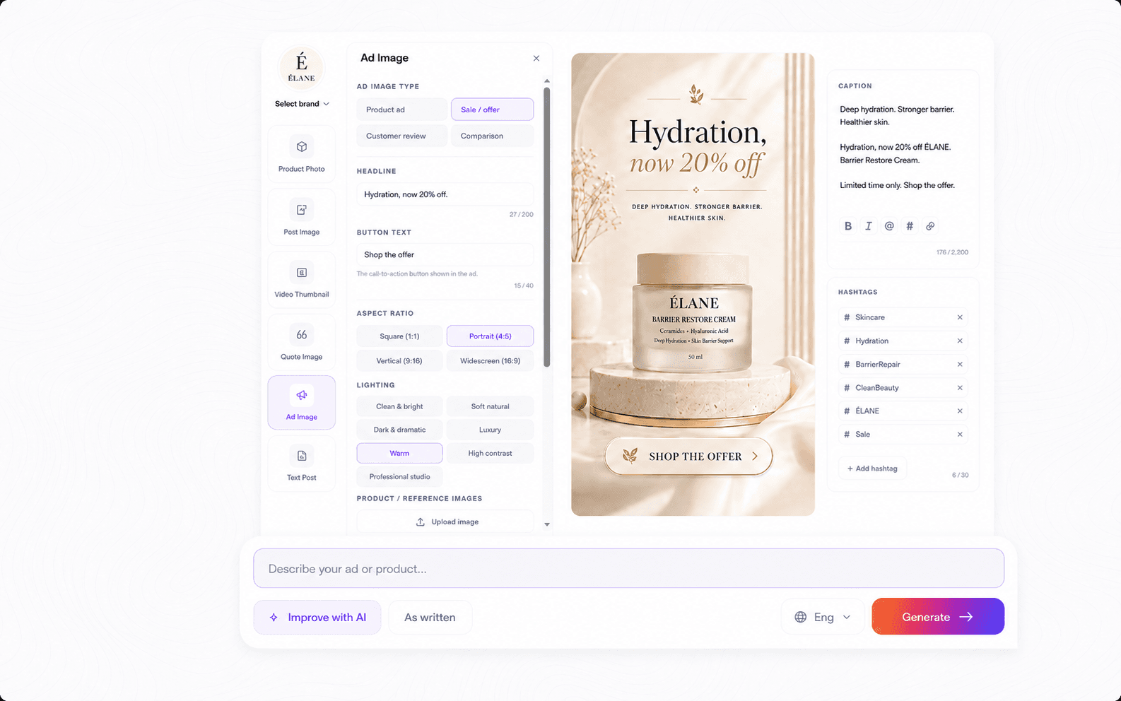 The Post Engine AI Ad Creative Generator interface showing ad type, campaign direction, product input, language, and generation controls.