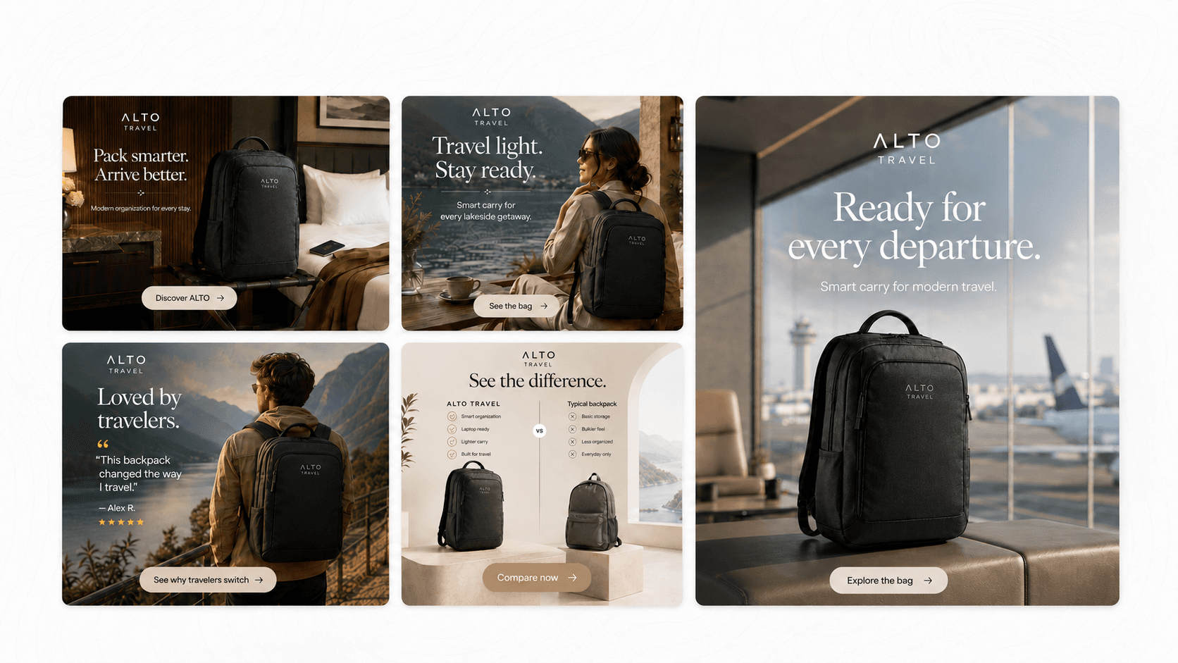 Four advertising creative variations for the same backpack product using different messages and campaign directions.