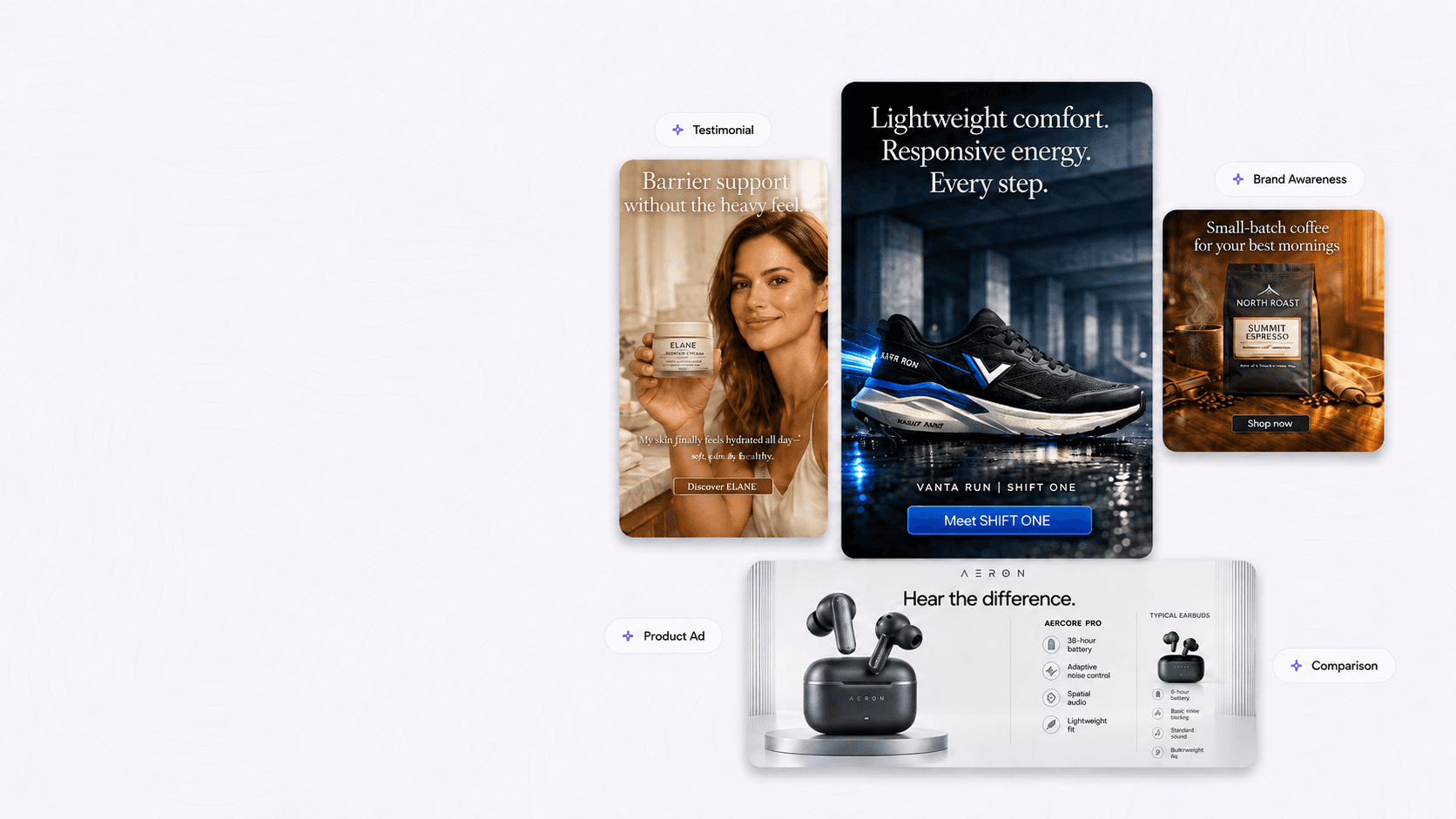 Examples of AI-generated product, promotional, testimonial, brand awareness, and comparison ad creatives.