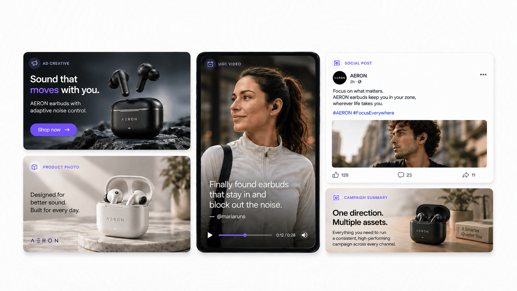 Connected campaign assets including an advertising creative, product photography, UGC content, and social media content.