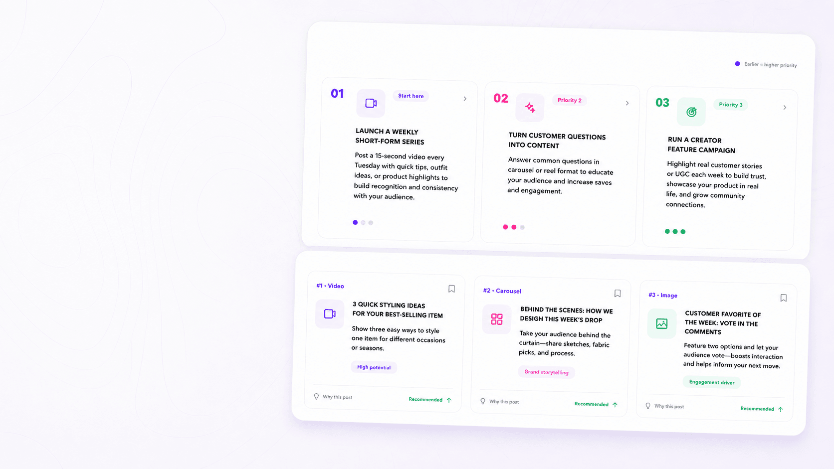 Brand DNA recommendations showing priority moves and ready-to-create next-post ideas based on content performance data.