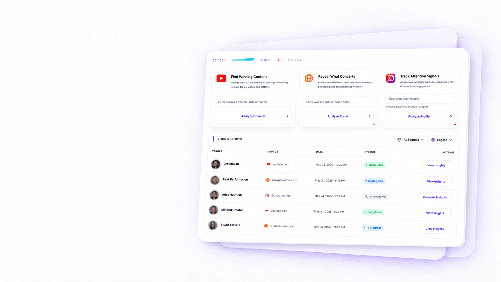 The Post Engine competitor analysis interface for YouTube, websites and Instagram