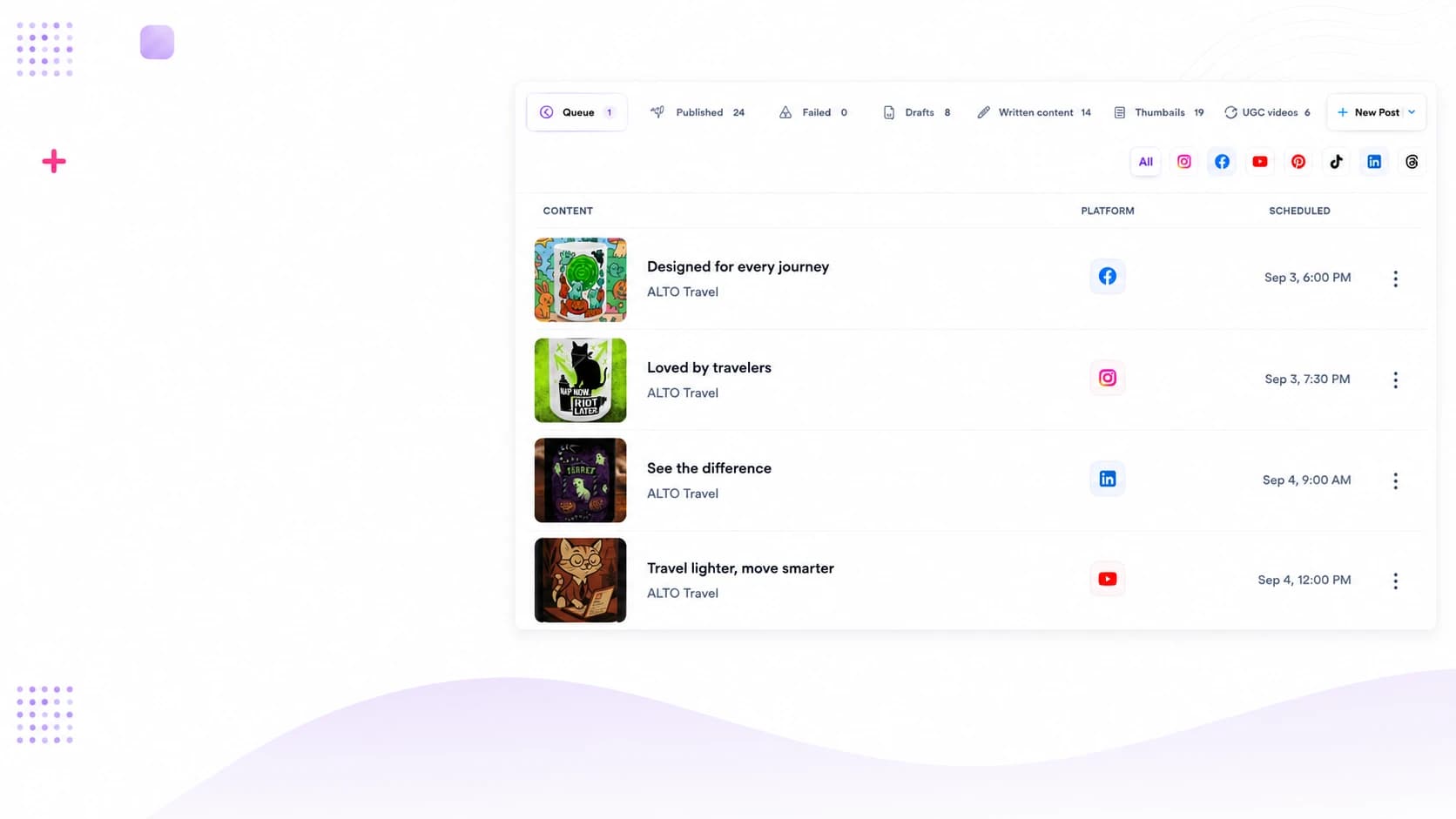 The Post Engine publishing queue showing scheduled posts across social platforms
