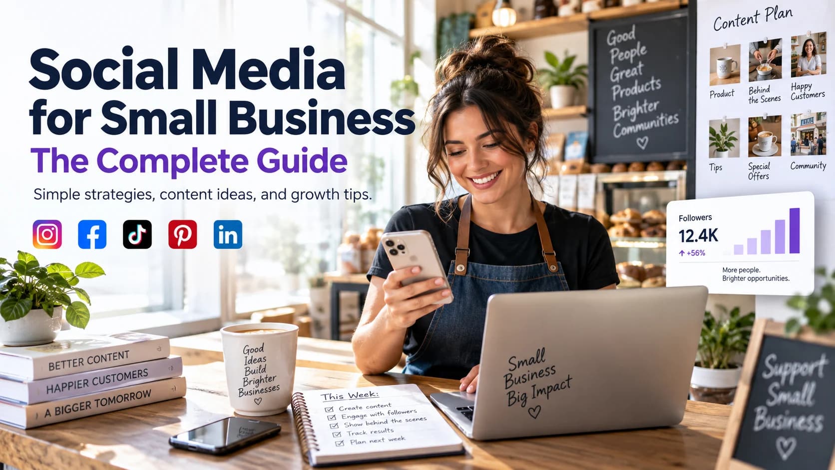 Small business owner using social media tools to plan content, engage customers, and grow on Instagram, Facebook, TikTok, Pinterest, and LinkedIn.
