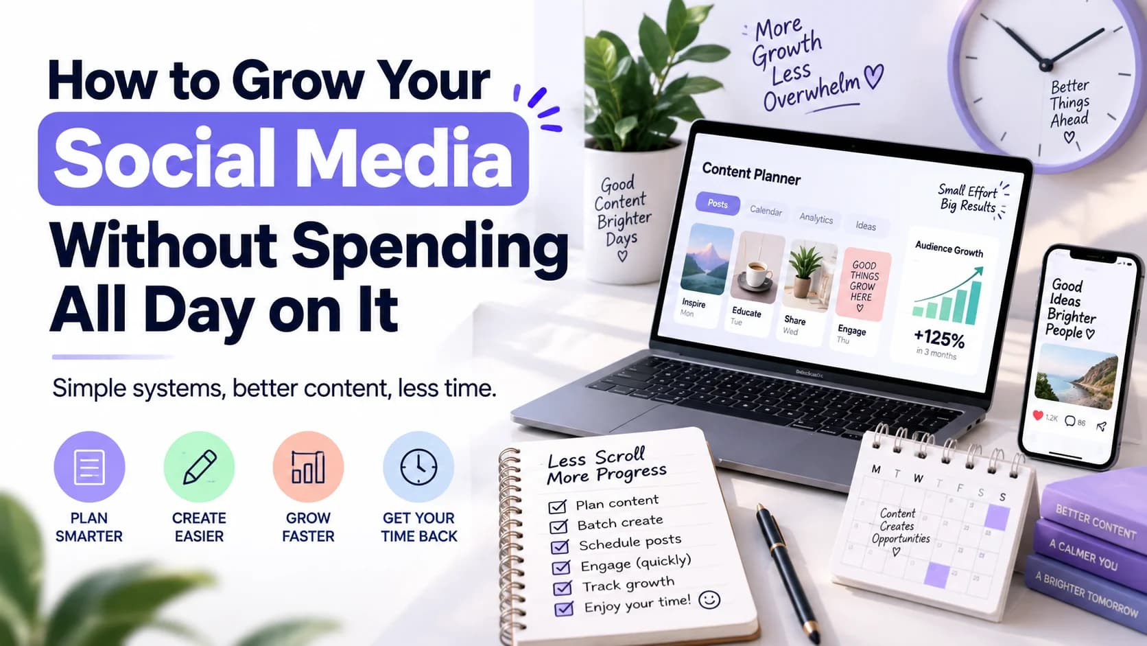 Social media growth workflow showing content planning, batching, scheduling, engagement, and analytics to grow an audience while spending less time on daily posting.