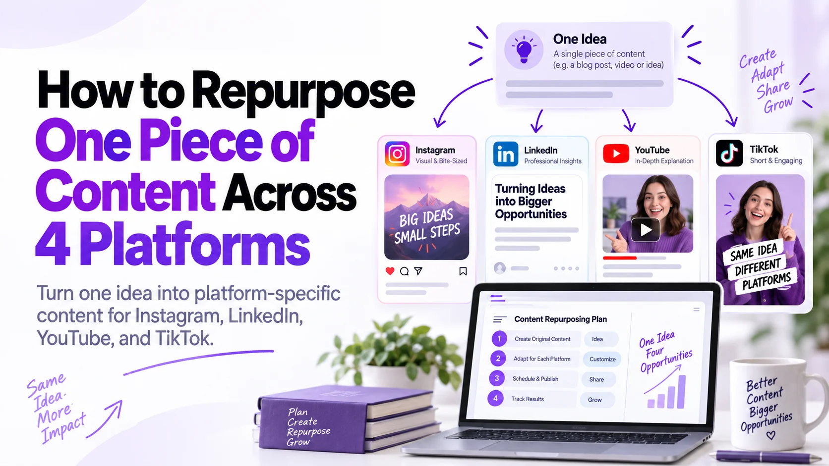 Content repurposing workflow showing one idea adapted into platform-specific posts for Instagram, LinkedIn, YouTube, and TikTok.