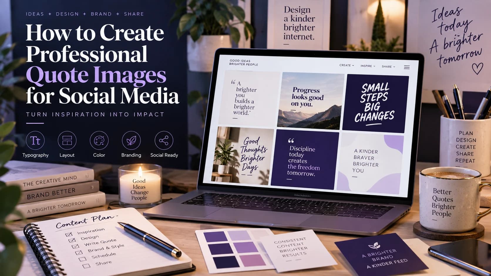 Professional quote images for social media displayed on a laptop with branded typography, color palettes, layouts, and content planning elements.