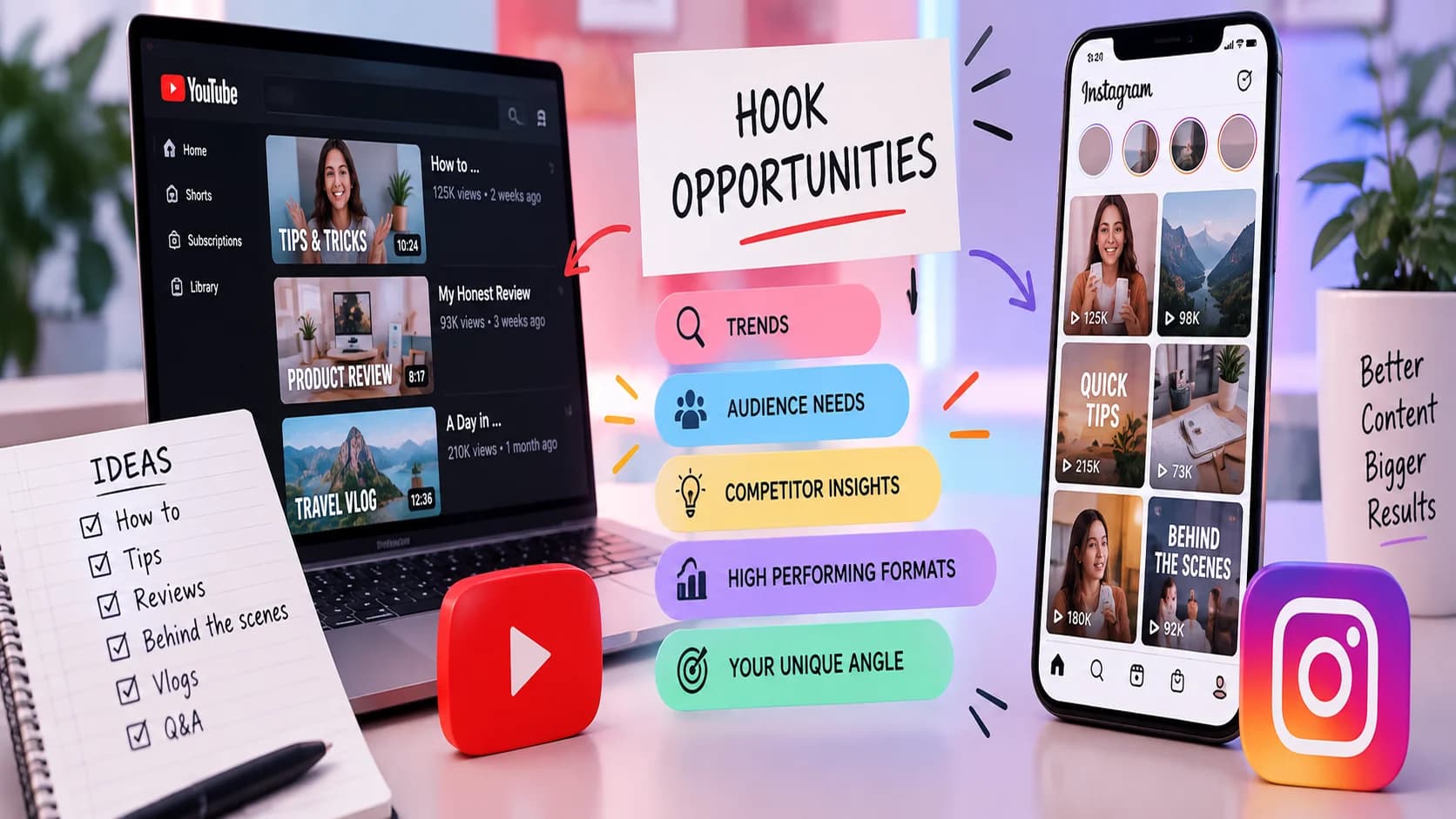 YouTube and Instagram hook strategy visual showing audience needs, competitor insights, high-performing formats, trends, and unique content angles for creating stronger video openings.