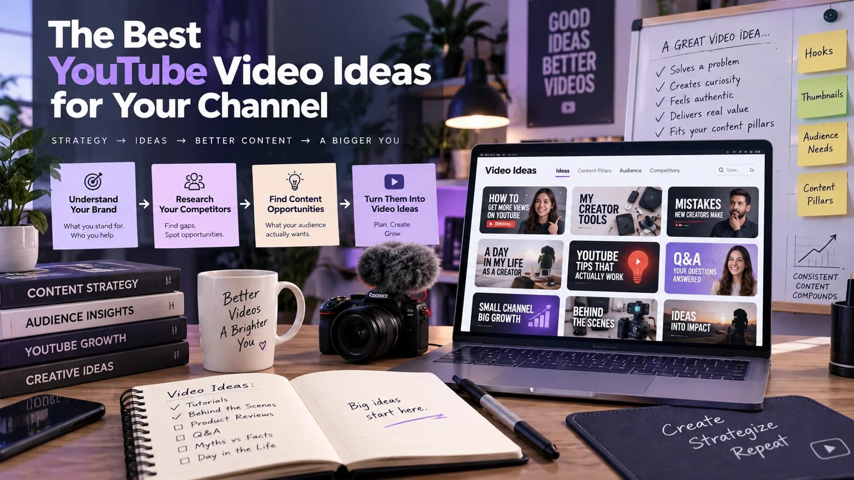 YouTube content strategy workspace showing video idea thumbnails, brand insights, competitor research, audience needs, hooks, and content pillars used to generate better video ideas.