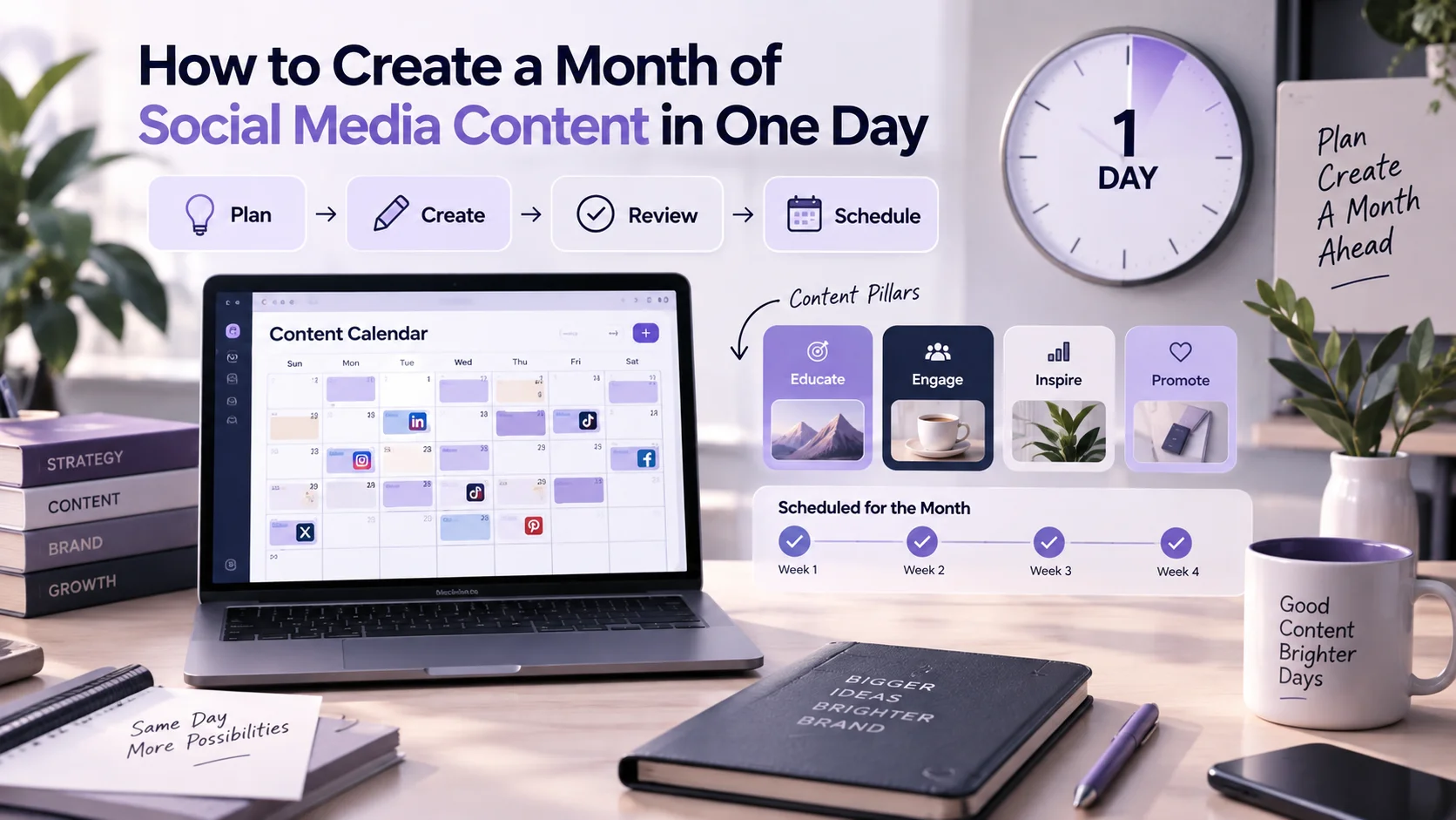 Monthly social media content planning workflow showing a content calendar, content pillars, review steps, and scheduling completed in one day.