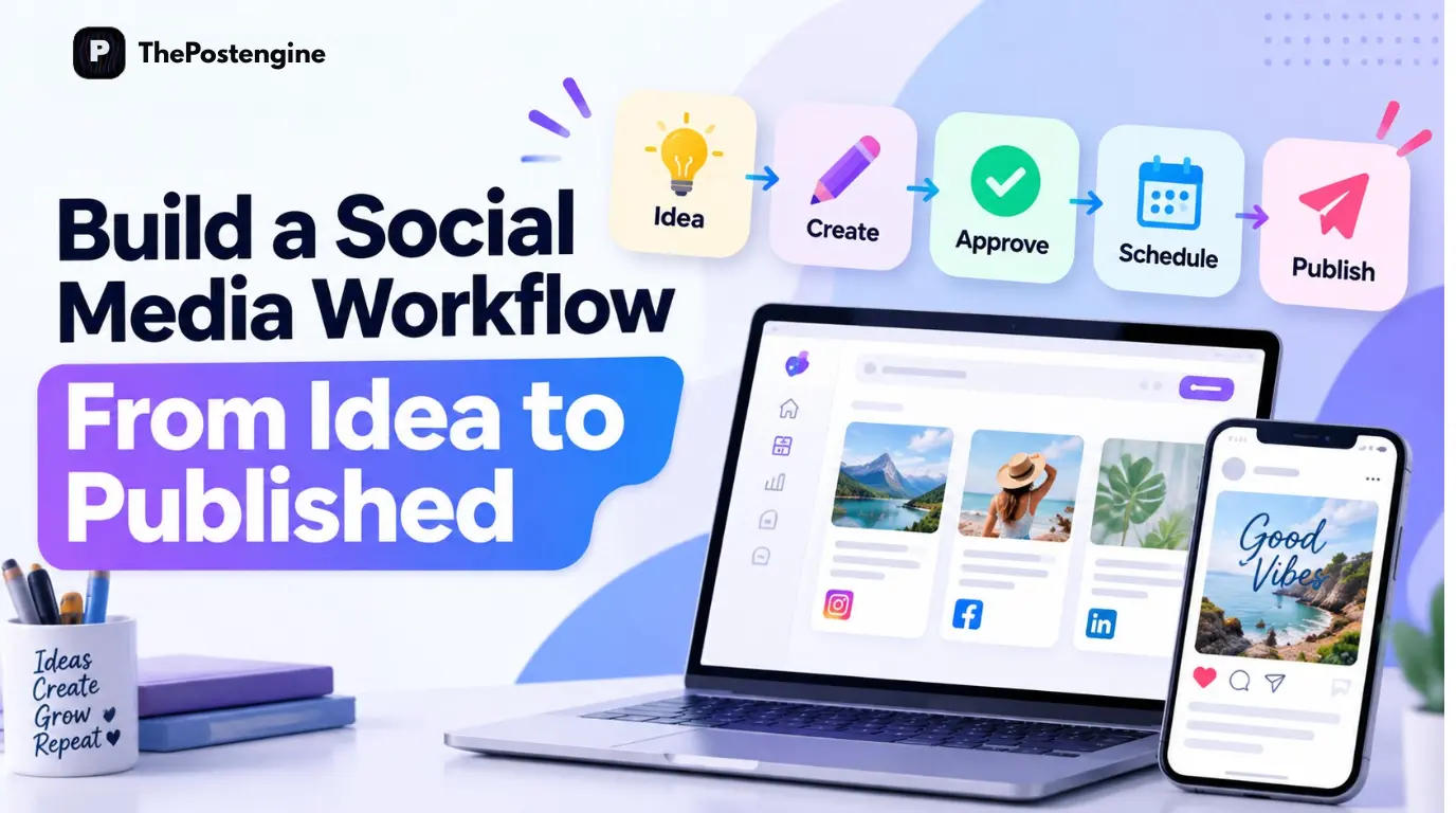 Social media workflow from idea and content creation to approval, scheduling, and publishing.