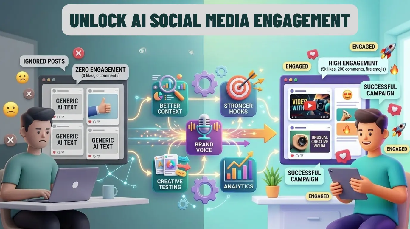 AI social media graphic showing low-engagement content transformed into high-engagement content through better context, hooks, brand voice, creative testing, and analytics.